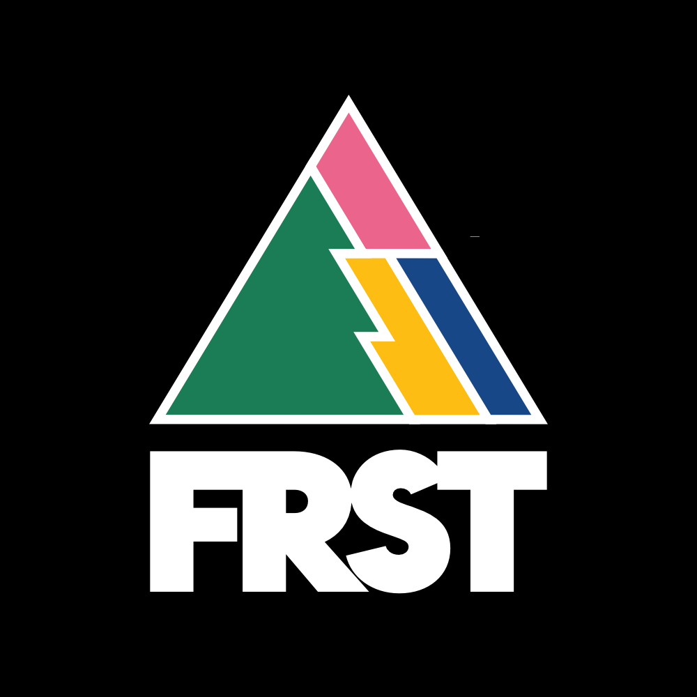 Colorful triangular logo with 'FRST' text on a black background
