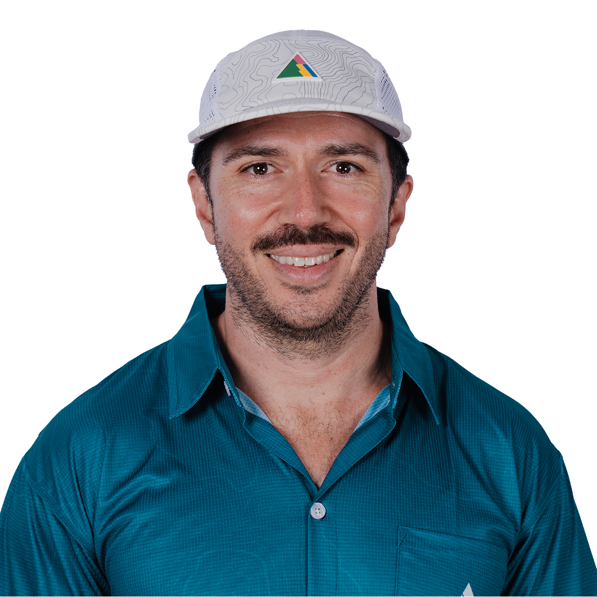Man wearing a teal FRST shirt and white cap with the FRST logo on a white background