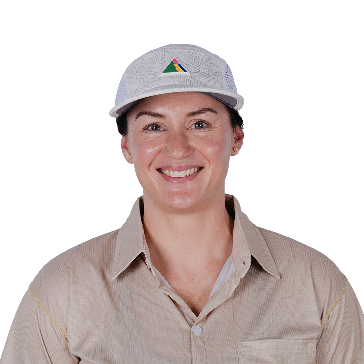 Person wearing a cap with FRST logo on a white background