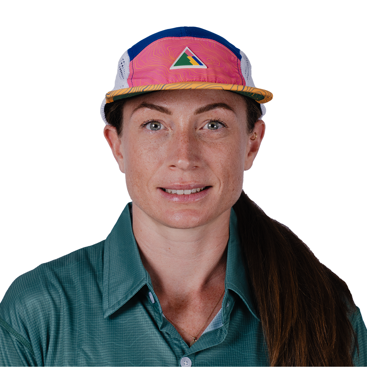 Person wearing a colorful cap with a logo on a white background