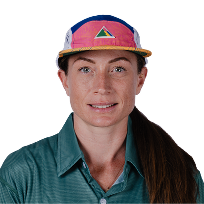 Person wearing a colorful cap with a logo on a white background