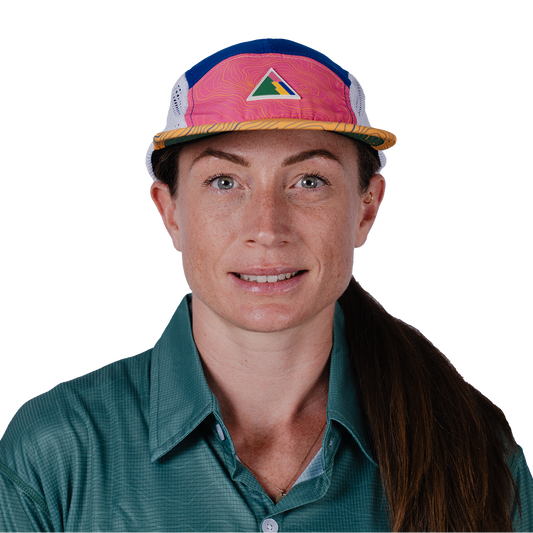 Person wearing a colorful cap with a logo on a white background