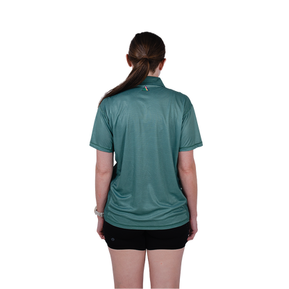 Person wearing a teal shirt on a white background