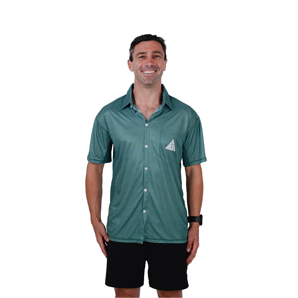 Man wearing a teal button-up shirt with a logo on a white background