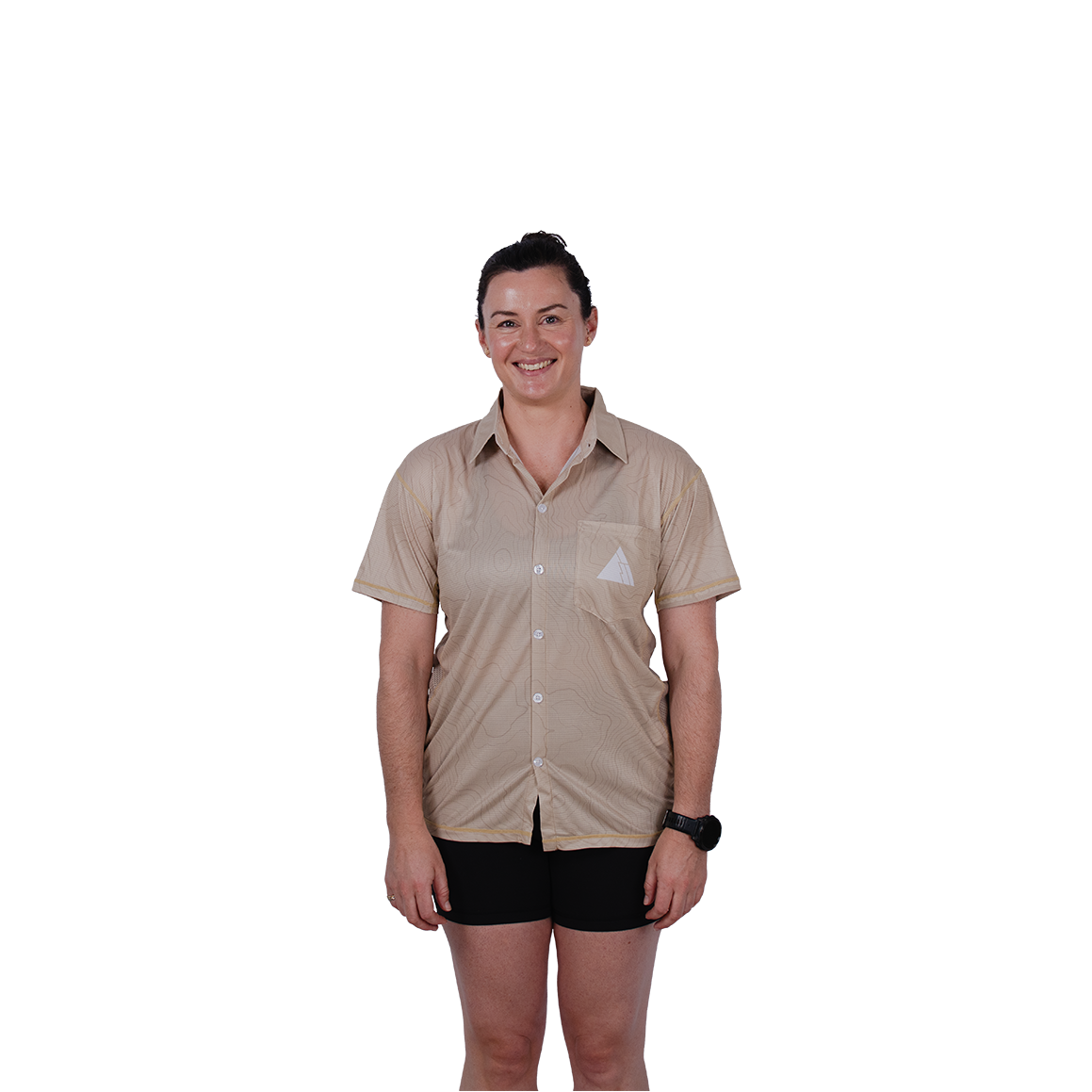 Person wearing a beige shirt and black shorts on a white background