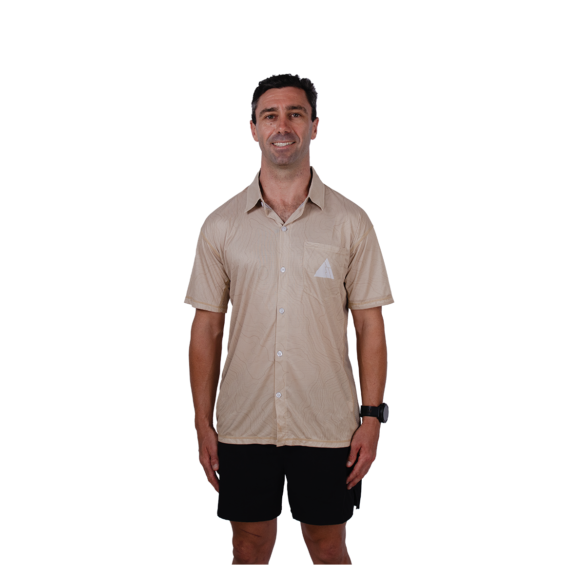 Man wearing a beige short-sleeve shirt with a logo on a white background