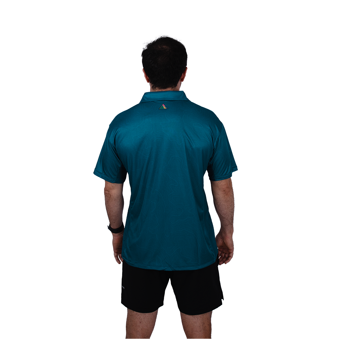 Man wearing first trail running shirt back view
