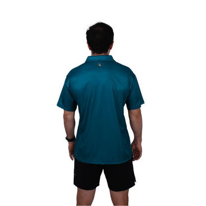 Man wearing first trail running shirt back view
