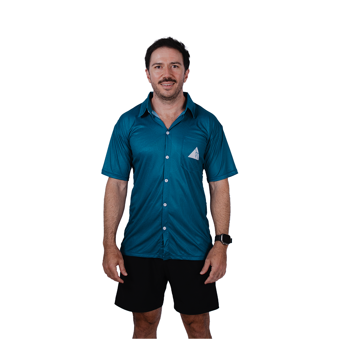 Man wearing a blue shirt with a white triangle FRST logo on a white background