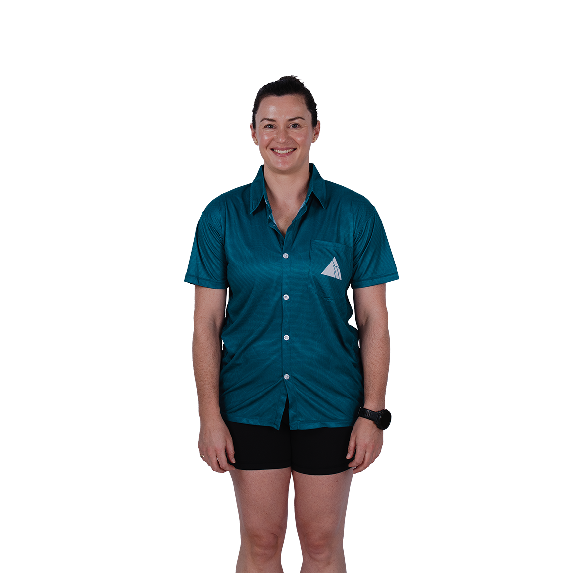Woman wearing FRST trail running shirt in Tidefall blue with mountain logo, paired with black shorts