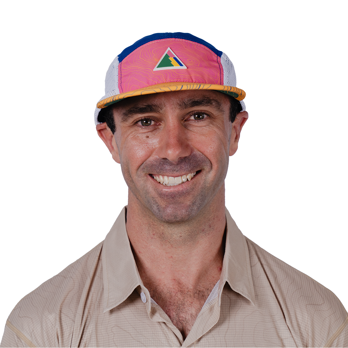 Man wearing a colorful cap with a FRST logo on a white background